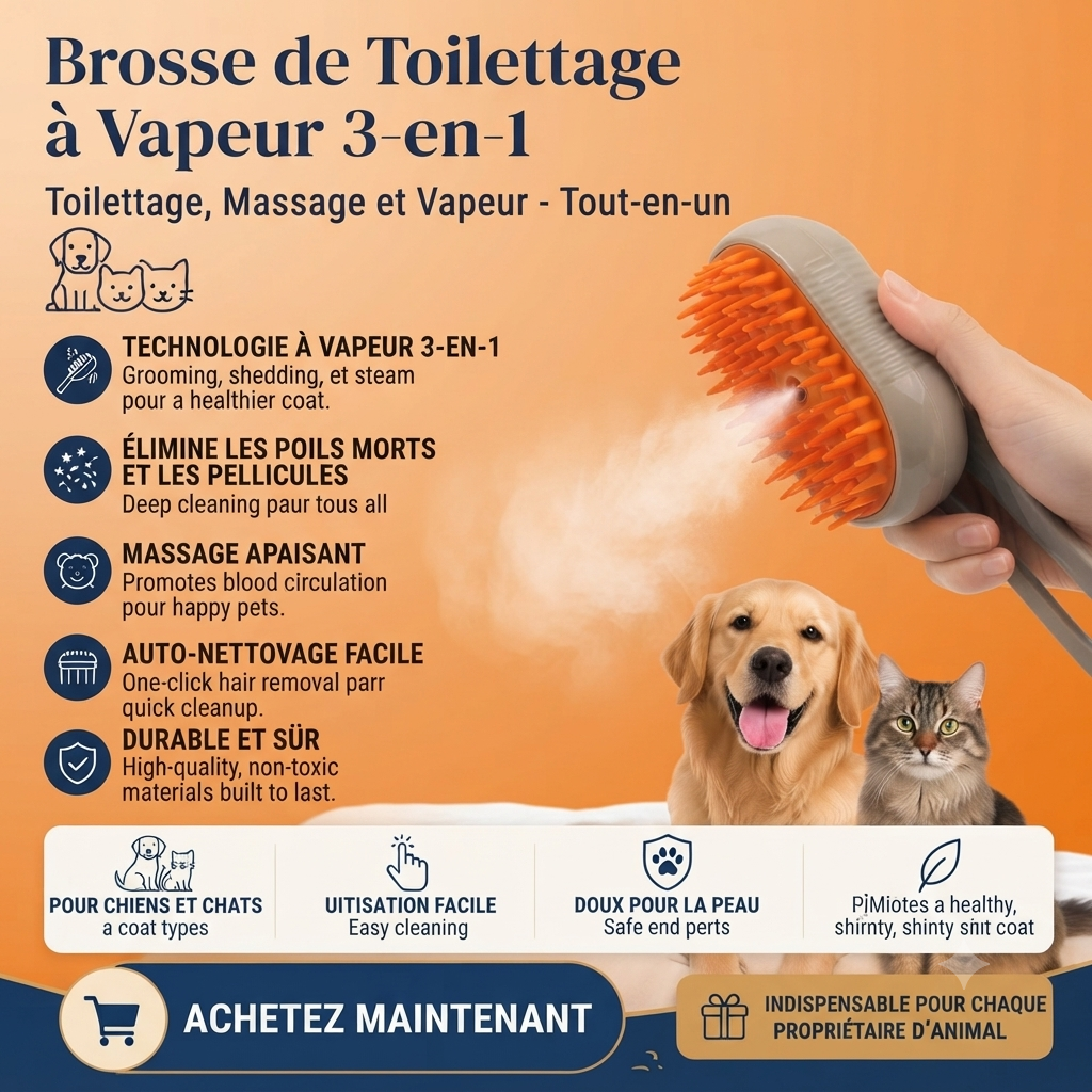 Brosse de Toilettage à Vapeur 3-en-1 pour Chat et Chien