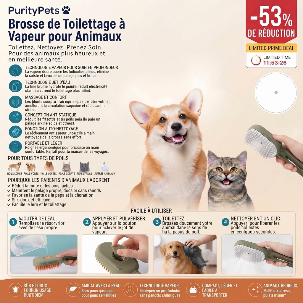 Brosse de Toilettage à Vapeur 3-en-1 pour Chat et Chien