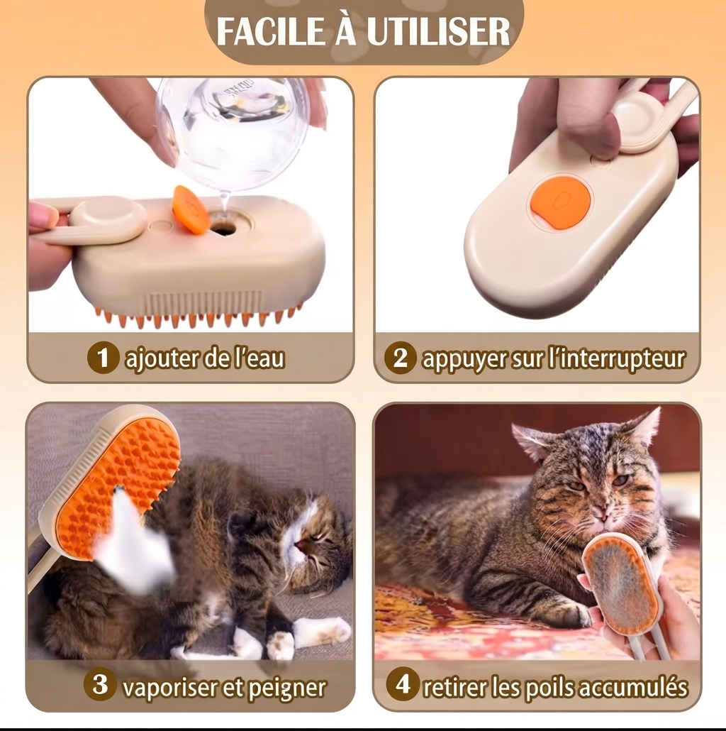 Brosse de Toilettage à Vapeur 3-en-1 pour Chat et Chien