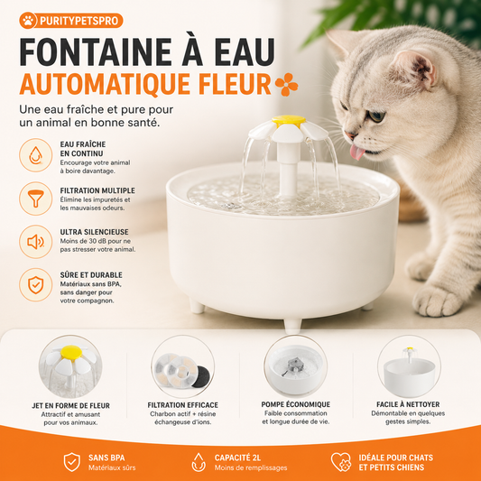 Fontaine à Eau Automatique Fleur pour Chats & Petits Chiens | Ultra Silencieuse – Filtration 24h/24