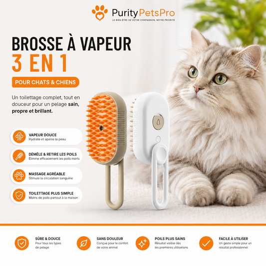 Brosse de Toilettage à Vapeur 3-en-1 pour Chat & Chien | Élimine les Poils – Démêle – Masse en Douceur